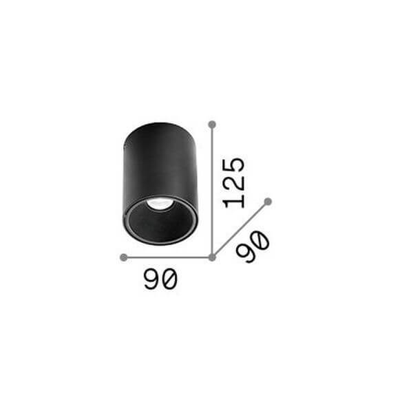 Schéma de dimensions du spot cylindrique : diamètre 90 mm, hauteur 125 mm