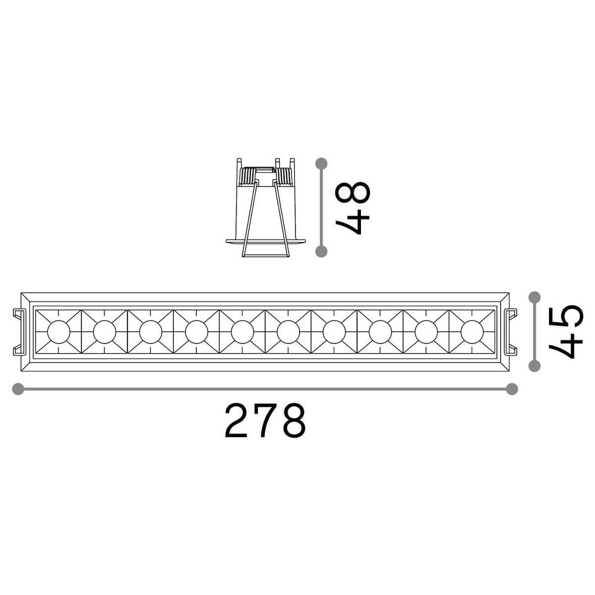 Schéma coté du spot : longueur 278 mm, largeur 45 mm et hauteur 48 mm.