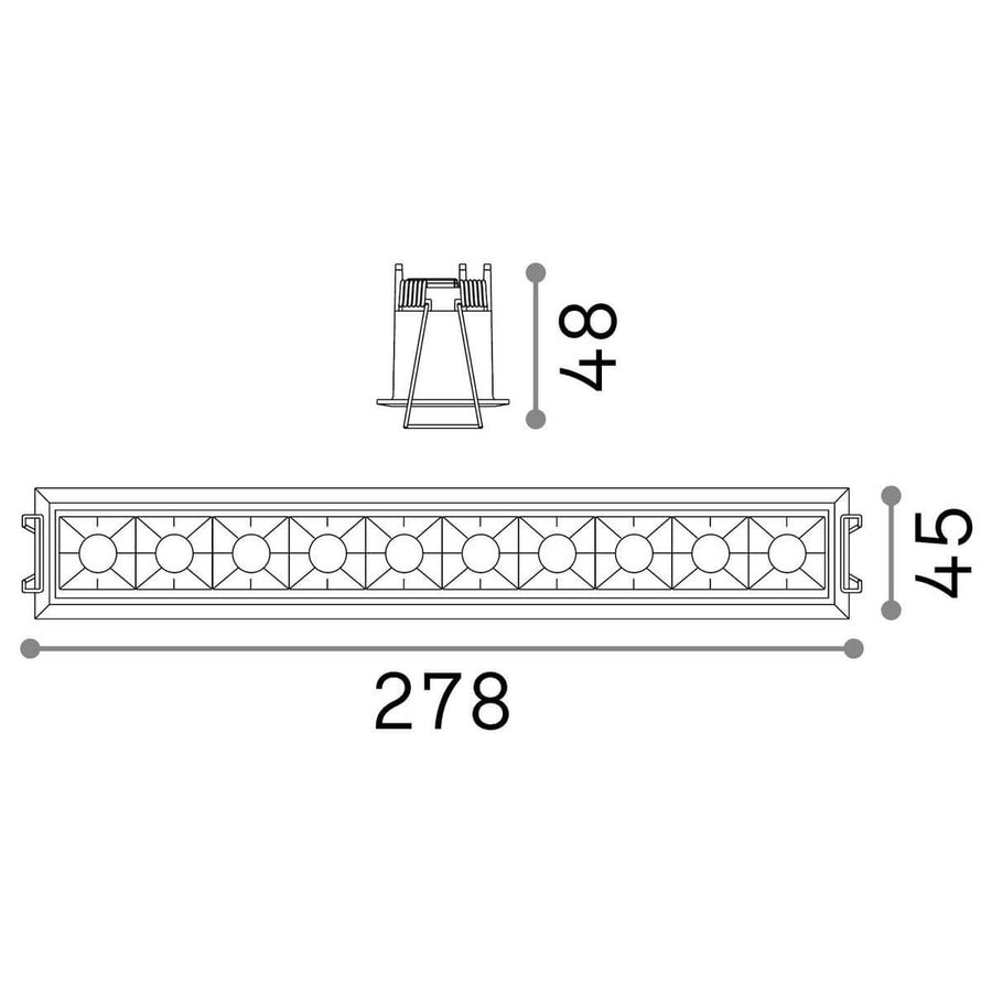 Schéma coté du spot : longueur 278 mm, largeur 45 mm et hauteur 48 mm.