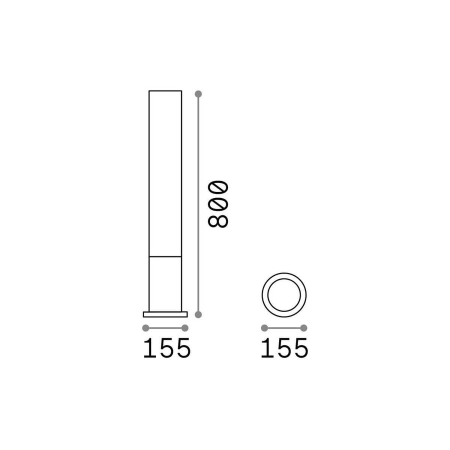 Schéma coté du lampadaire indiquant une hauteur de 800 mm et un diamètre de 155 mm.