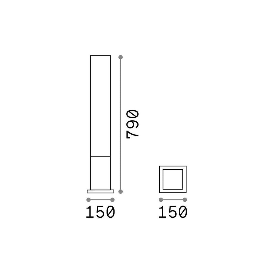 Schéma coté du luminaire : hauteur 790 mm, largeur 150 mm, section carrée vue de dessus