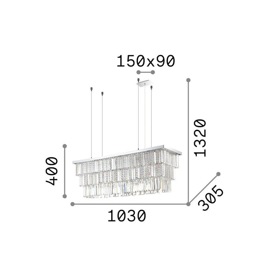 Schéma coté du luminaire, largeur 1030, profondeur 305, hauteur totale 1320
