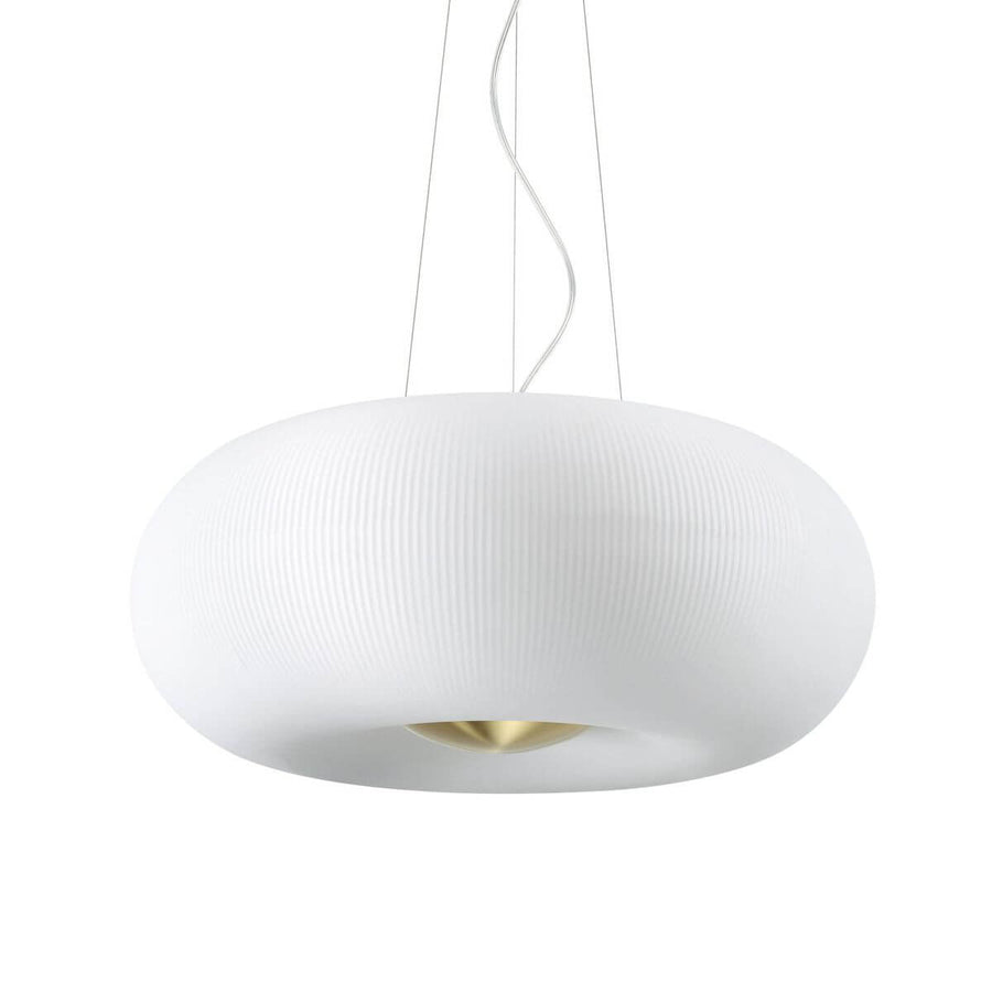 Suspension blanche de forme ovale avec finition en verre strié et détails dorés.