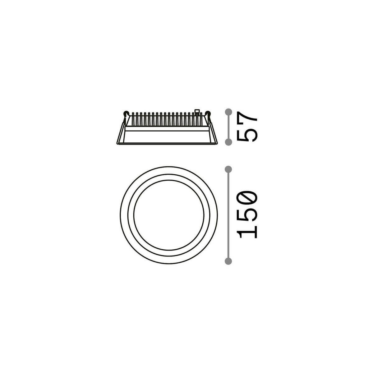 Schéma technique du luminaire : vue de profil et de dessus avec cotes 57 et Ø 150 mm