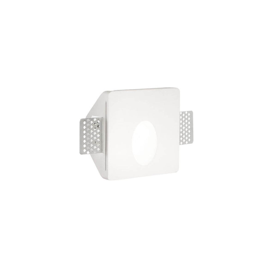 Spot encastrable carré blanc vu de trois quarts, avec griffes de fixation latérales apparentes