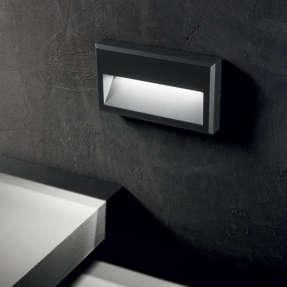 Mise en ambiance : applique allumée sur mur sombre au-dessus d'une tablette