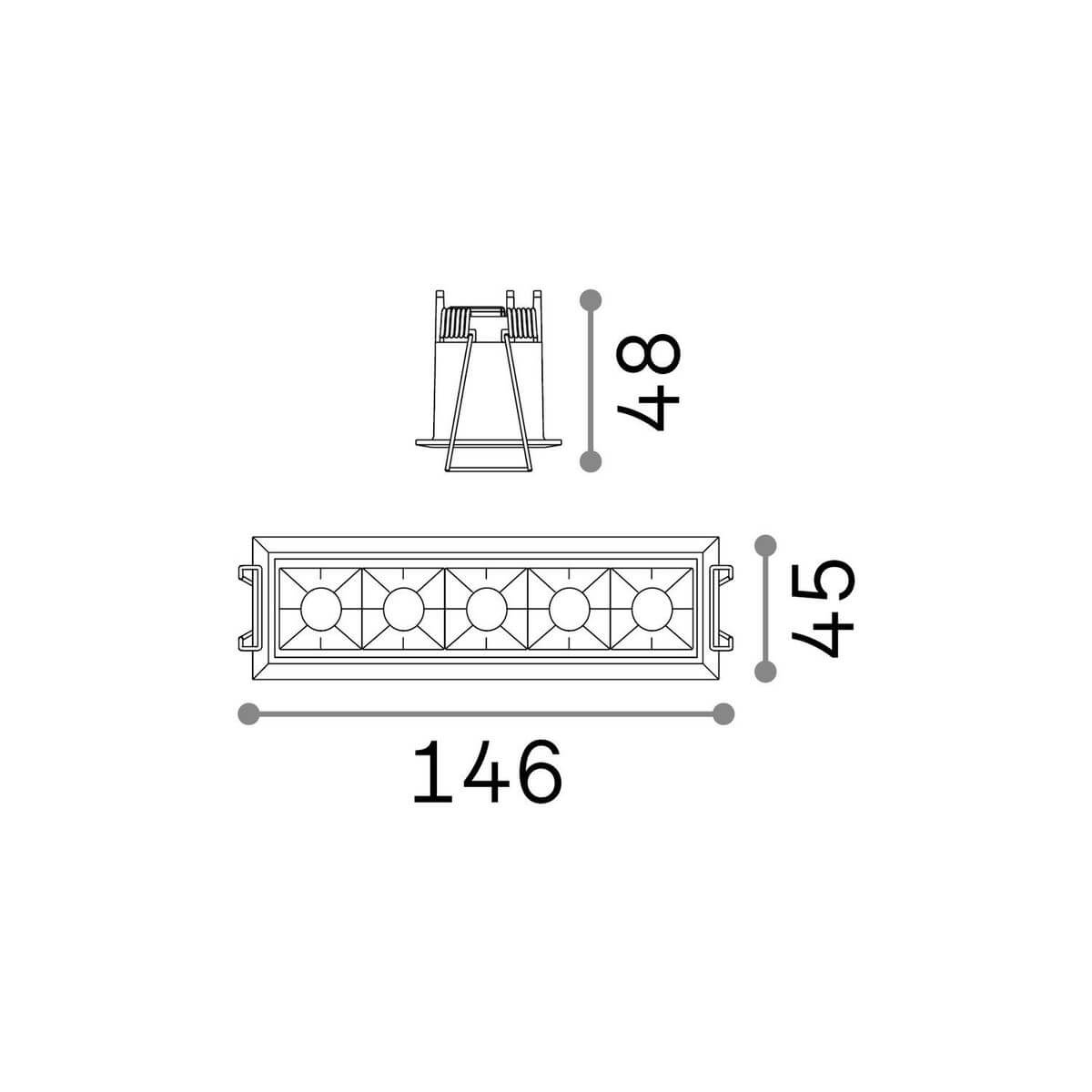 Schéma coté du spot : longueur 146 mm, largeur 45 mm, profondeur 48 mm