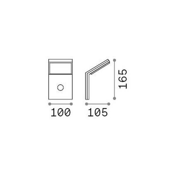 Schéma de dimensions cotées du luminaire : largeur 100, profondeur 105, hauteur 165 millimètres