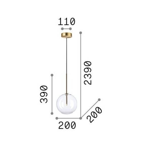 Schéma technique de la suspension avec hauteur et diamètre indiqués.