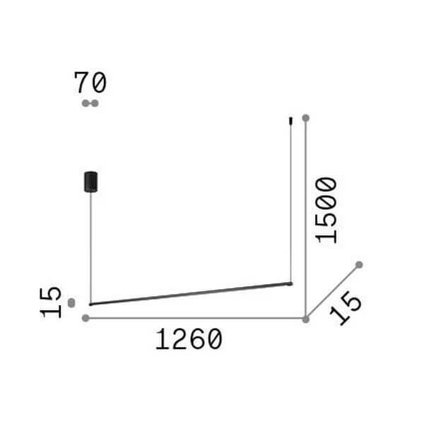 Schéma coté du luminaire avec longueur 1260, hauteur 1500 et diamètre 70