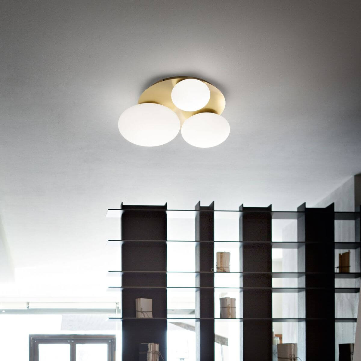 Luminaire allumé fixé au plafond au-dessus d'une bibliothèque sombre