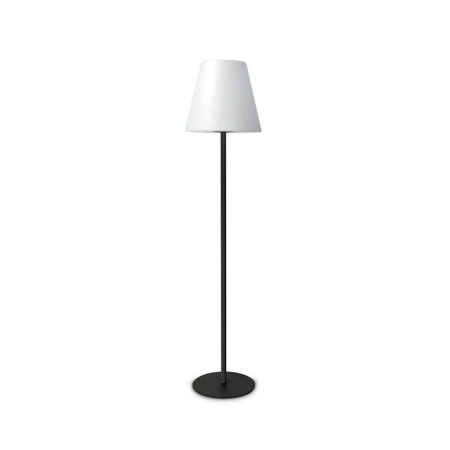 Lampadaire isolé sur fond blanc, abat-jour conique blanc et fin pied noir
