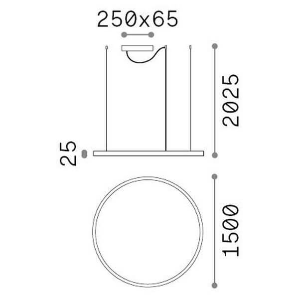 Schéma coté du luminaire, diamètre 1500 mm et hauteur 2025 mm