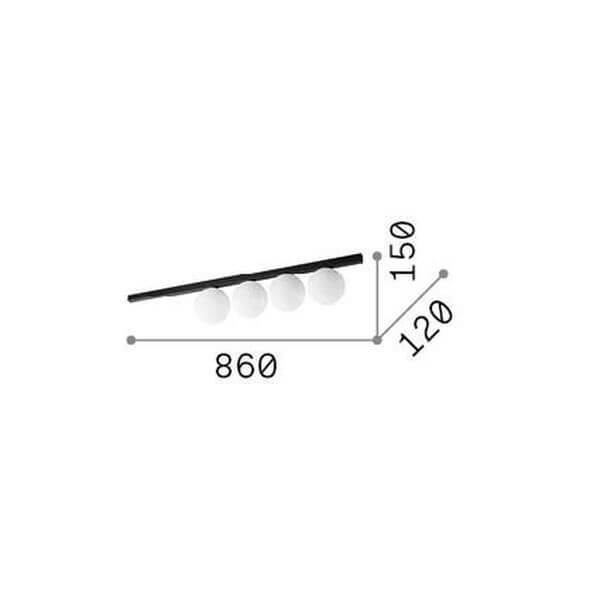 Schéma coté du plafonnier : longueur 860 mm, hauteur 150 mm et profondeur 120 mm.