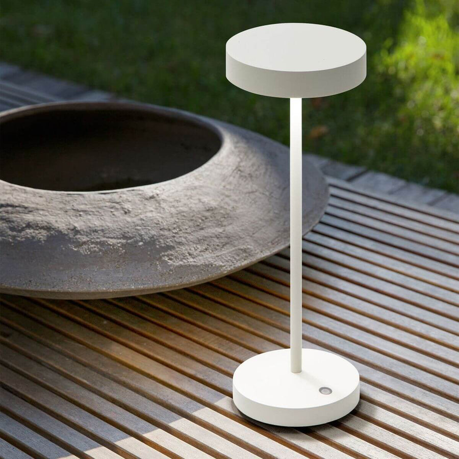 Lampe posée sur lames de bois, près d'une vasque en pierre, jardin