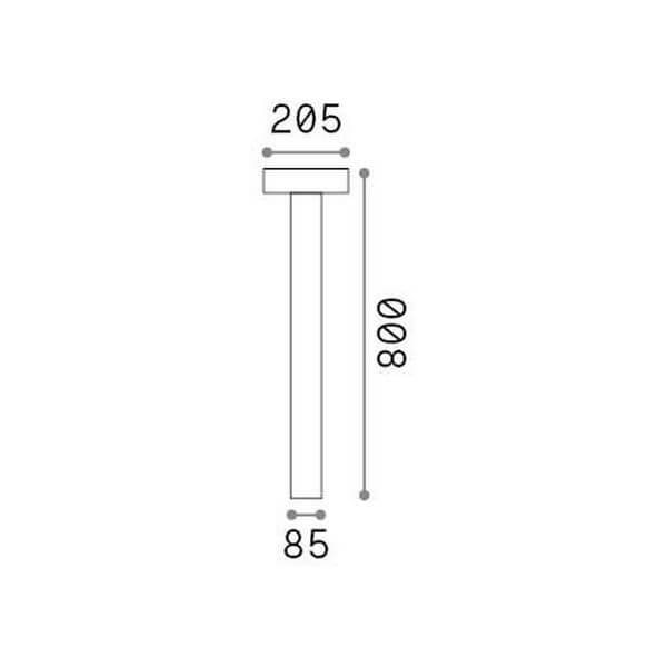 Schéma coté du luminaire : hauteur 800 mm, tête 205 mm, base 85 mm