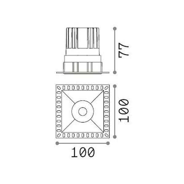 Schéma de dimensions du spot carré, 100 mm de côté et 77 mm de haut