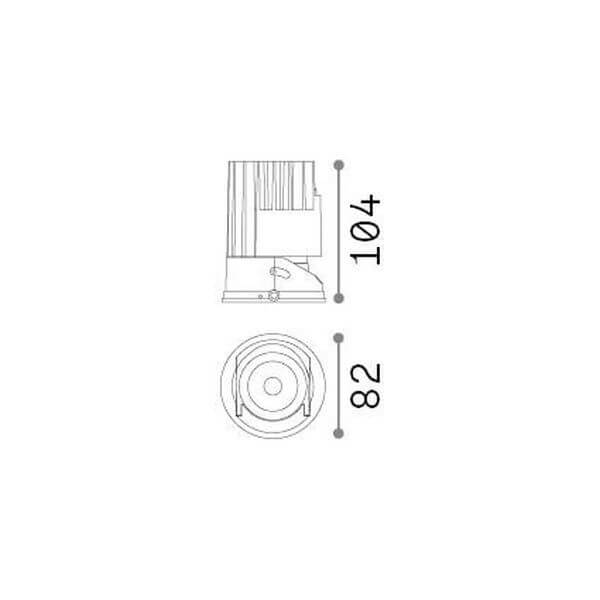 Schéma technique du spot encastrable gris indiquant 104 mm de hauteur et 82 mm de diamètre