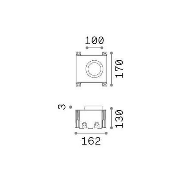Schéma coté du luminaire : vue de dessus, vue de côté et dimensions en millimètres