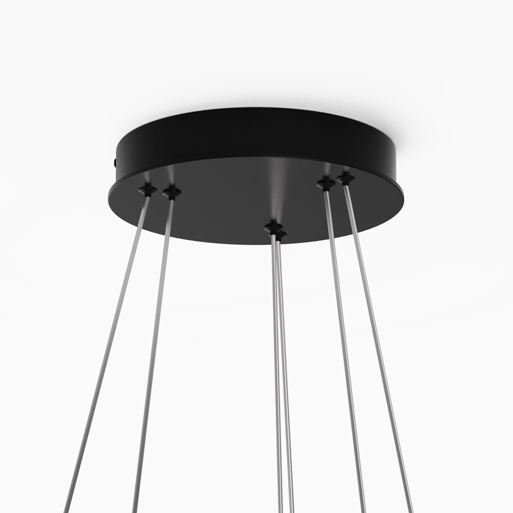 Détail de la base ronde noire au plafond avec les fixations des câbles.