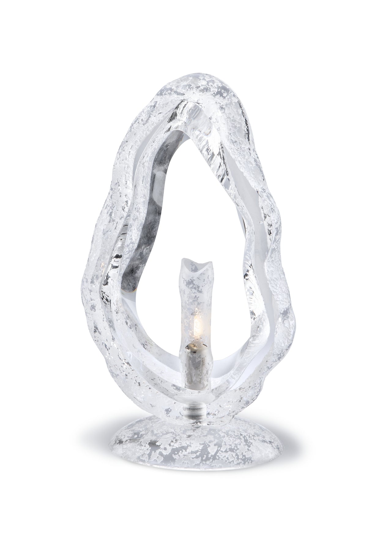 Vue de face sur fond blanc, lampe allumée, forme ovale irrégulière.
