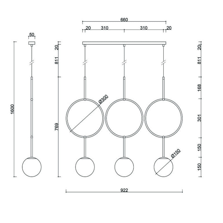 Schéma coté du luminaire avec hauteur totale et diamètres des anneaux et globes