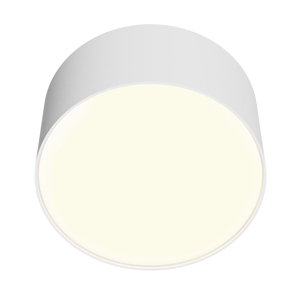 Vue de dessous du luminaire rond, diffuseur ivoire allumé au centre