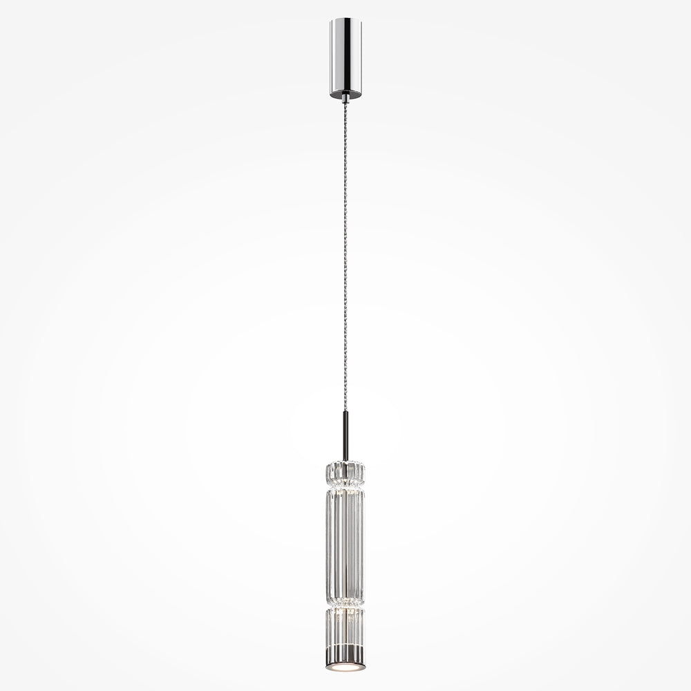 Suspension chromée de face, câble tressé et rosace cylindrique brillante