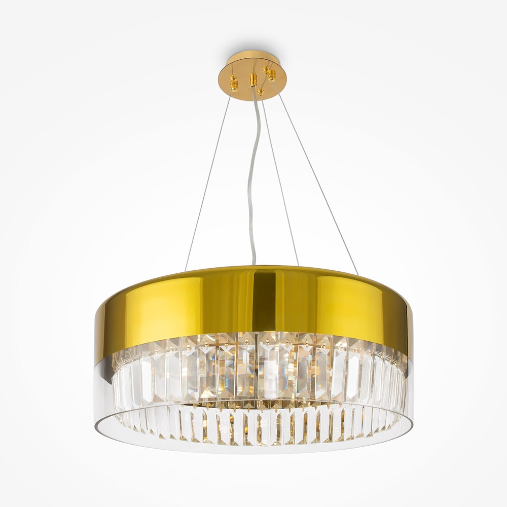 Vue de trois quarts du luminaire avec câble et cordons de suspension fins