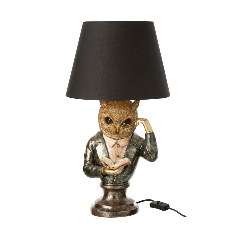 Lampe à poser hibou en polyrésine marron et or antique, avec abat-jour