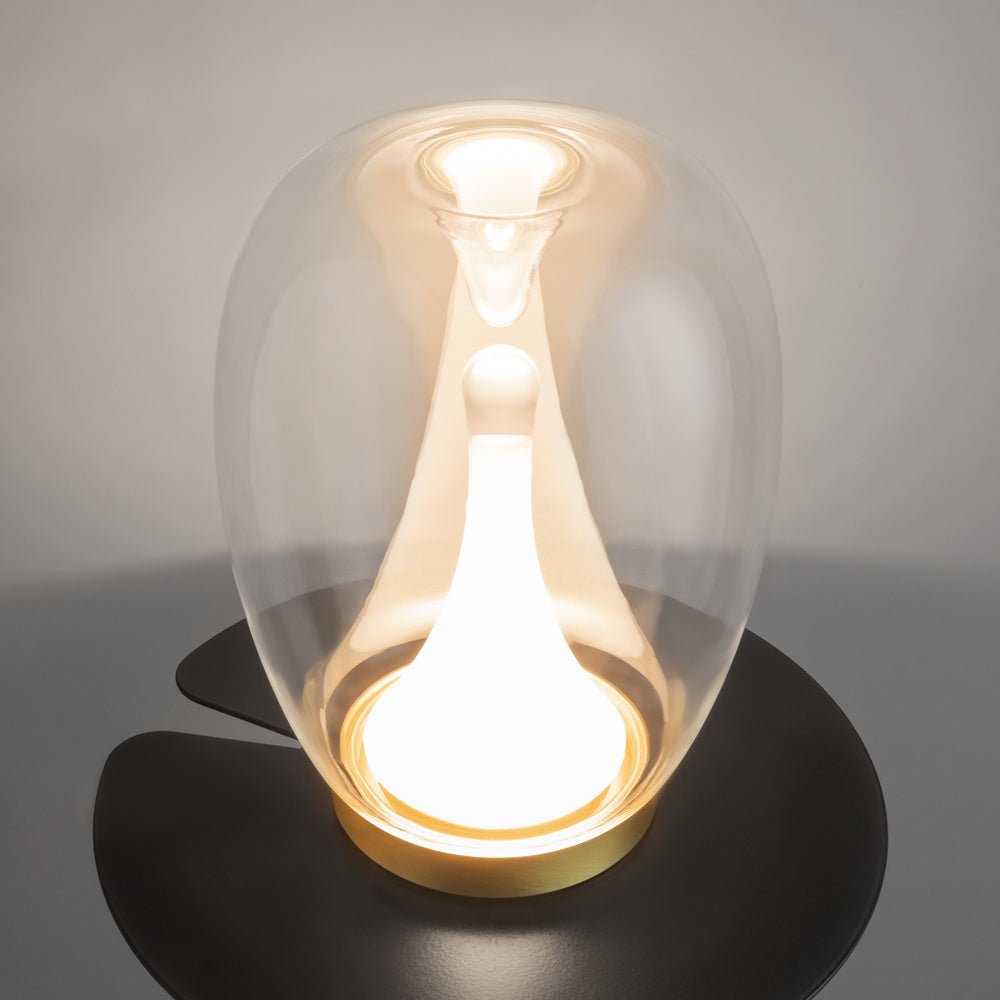 Vue de trois quarts éclairée, lumière chaude traversant l'enveloppe de verre