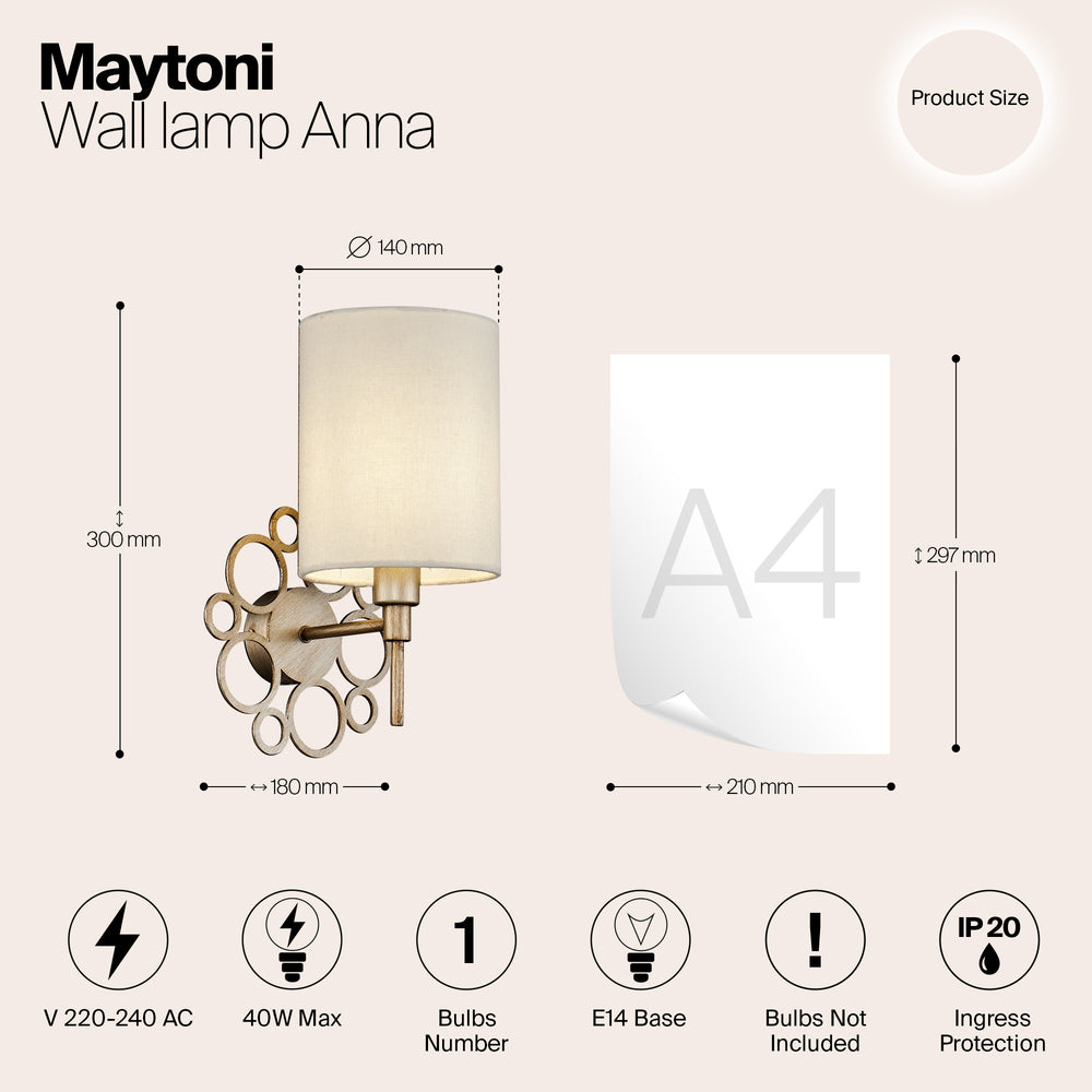 Schéma dimensions anglais avec hauteur 300 mm, largeur 180 mm et ampoule E14.