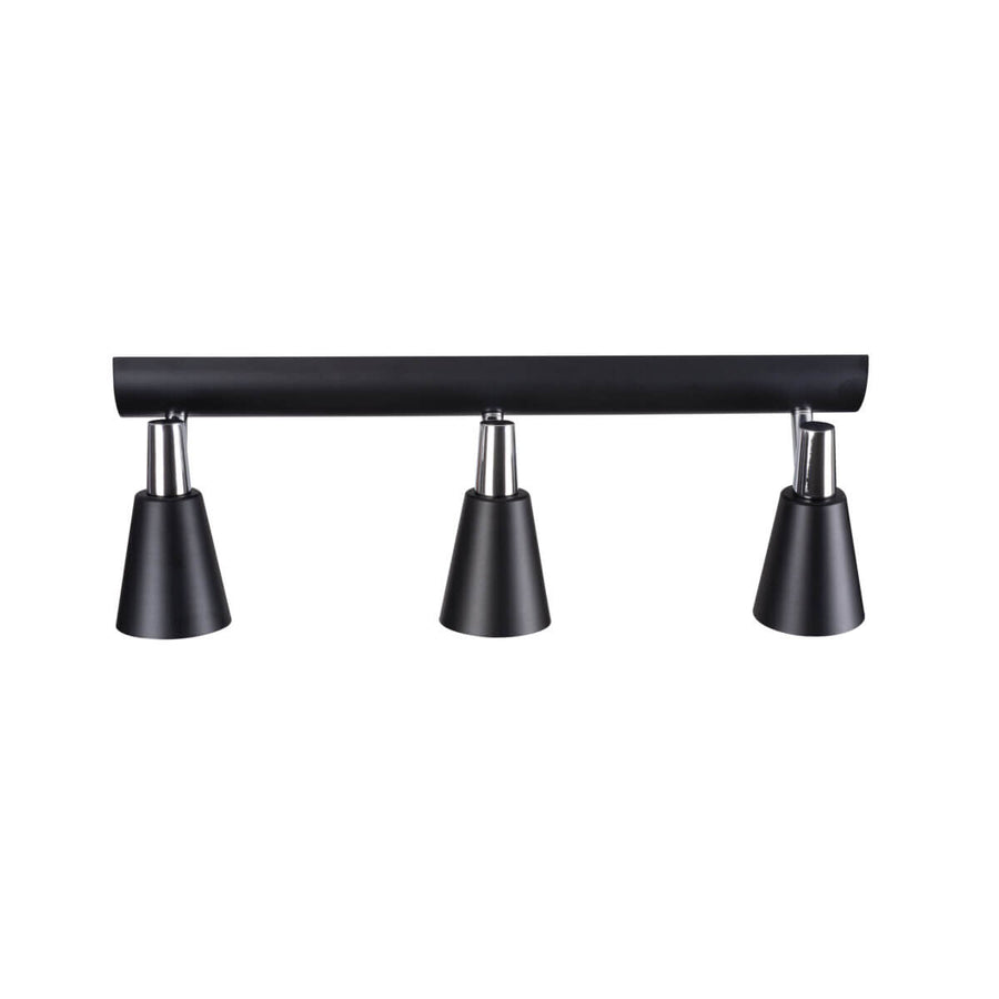 Vue frontale du rail noir avec trois spots coniques orientés vers le bas.