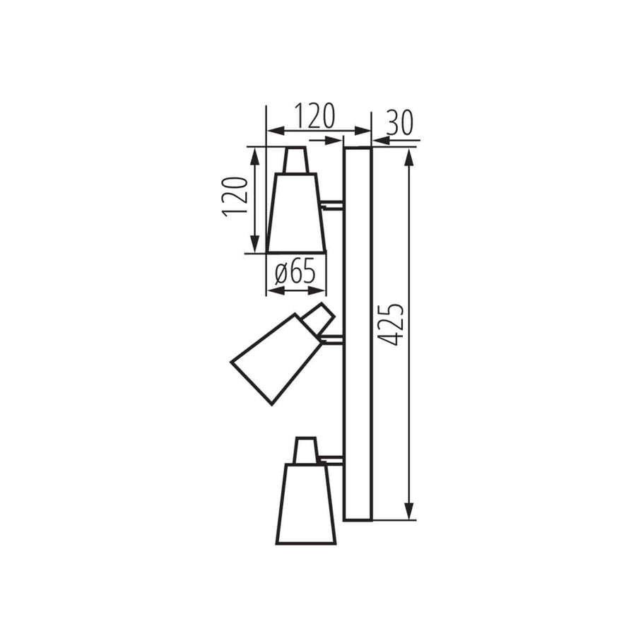 Schéma technique coté avec largeur, hauteur et diamètre des têtes.