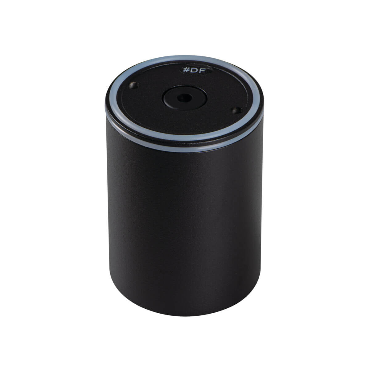 Vue de dessus du spot cylindrique noir montrant la platine de fixation et le joint.