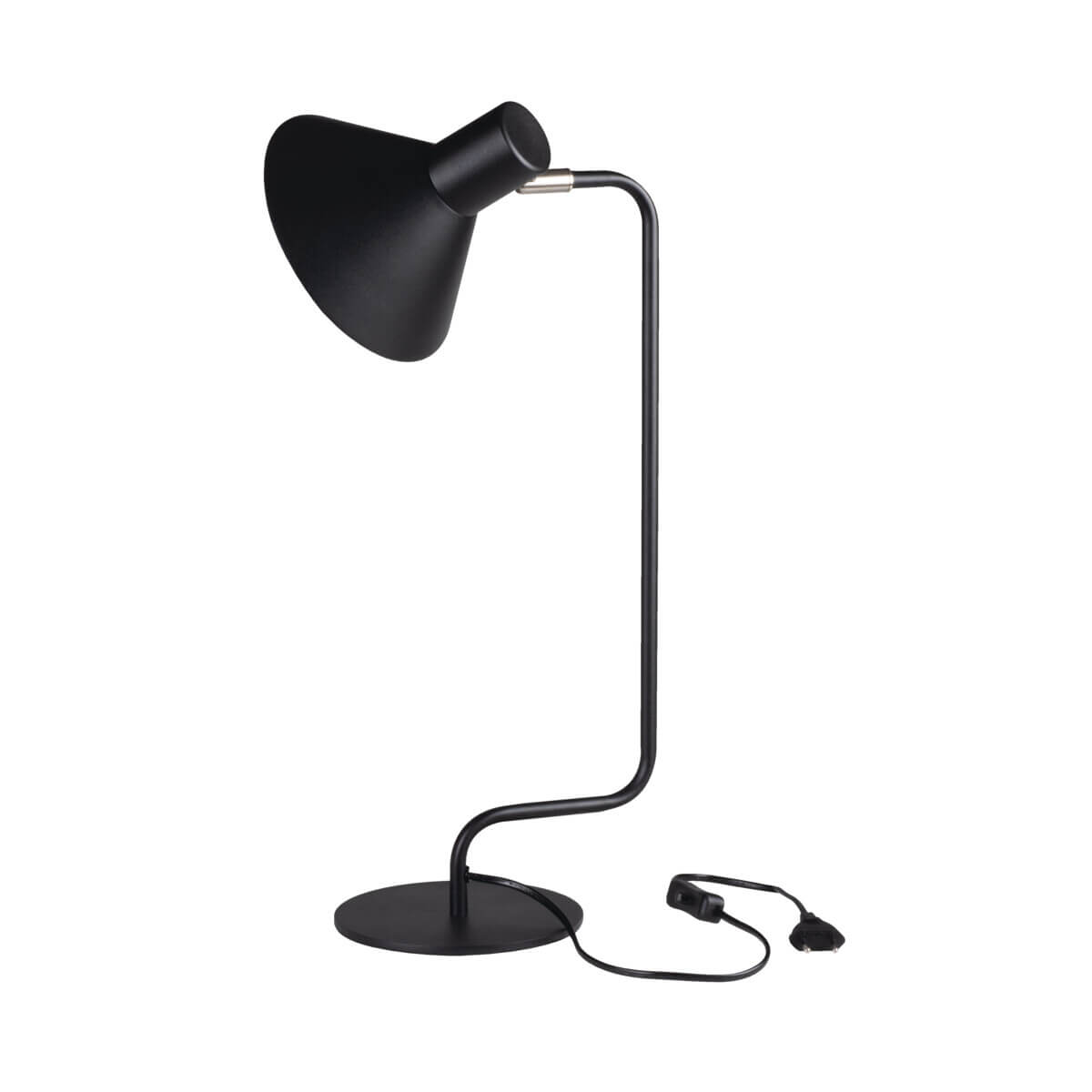 Vue en angle de la lampe noire avec abat-jour orientable et interrupteur