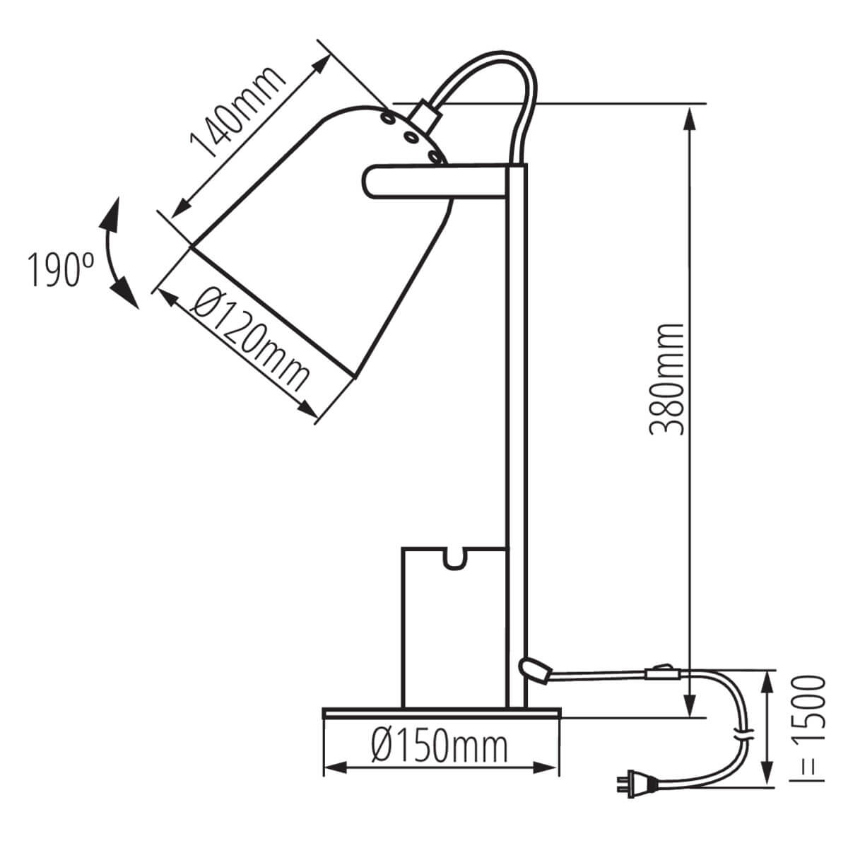 Schéma technique coté : hauteur, diamètres, angle d'inclinaison et longueur de cordon.