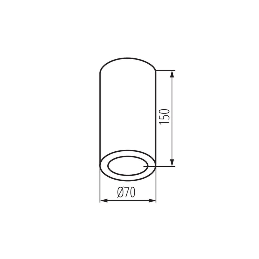 Schéma technique coté montrant une hauteur de 150 mm et un diamètre de 70 mm.
