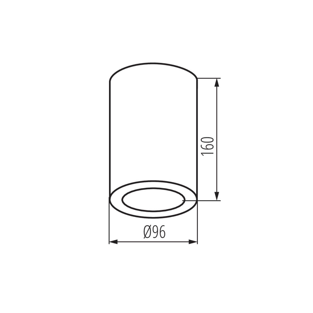 Schéma de dimensions du spot : hauteur 160 mm et diamètre 96 mm