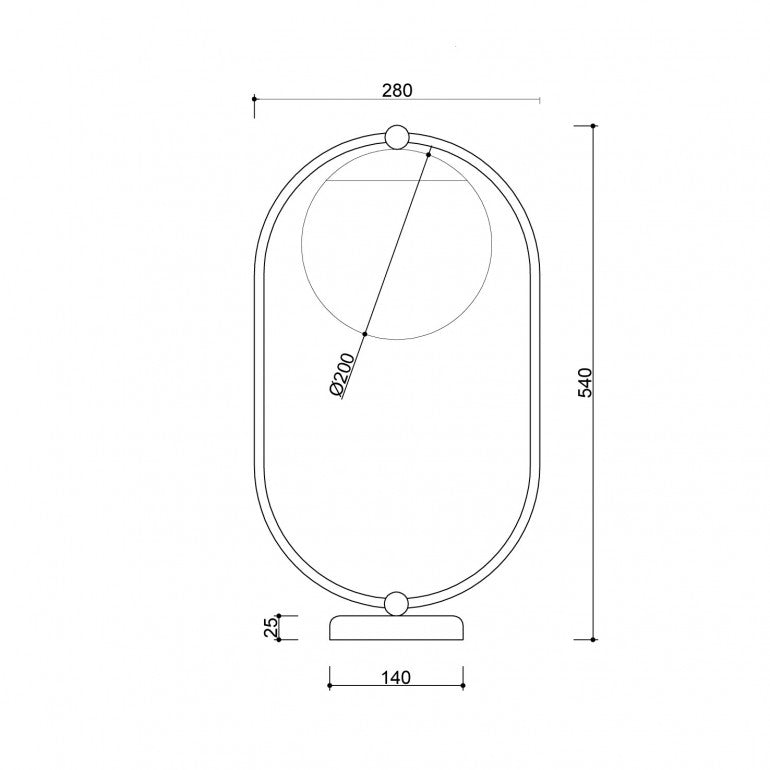 Schéma coté : hauteur 540 mm, largeur 280 mm, globe 200 mm