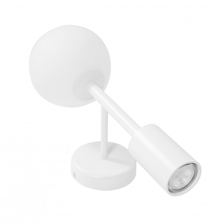 Détail en angle du modèle blanc avec projecteur orientable et finition mate.