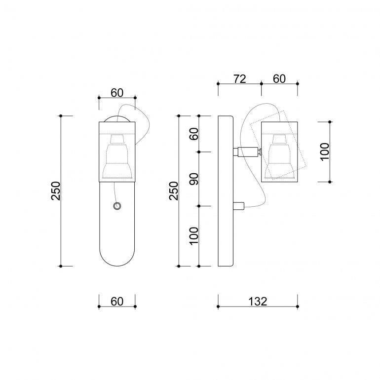 Schéma coté du luminaire avec dimensions de face et de profil