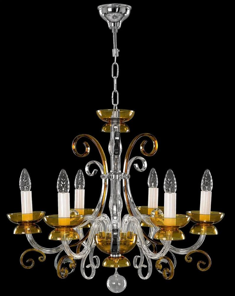 Même lustre avec fixations chromées brillantes, présenté de face sur fond noir.