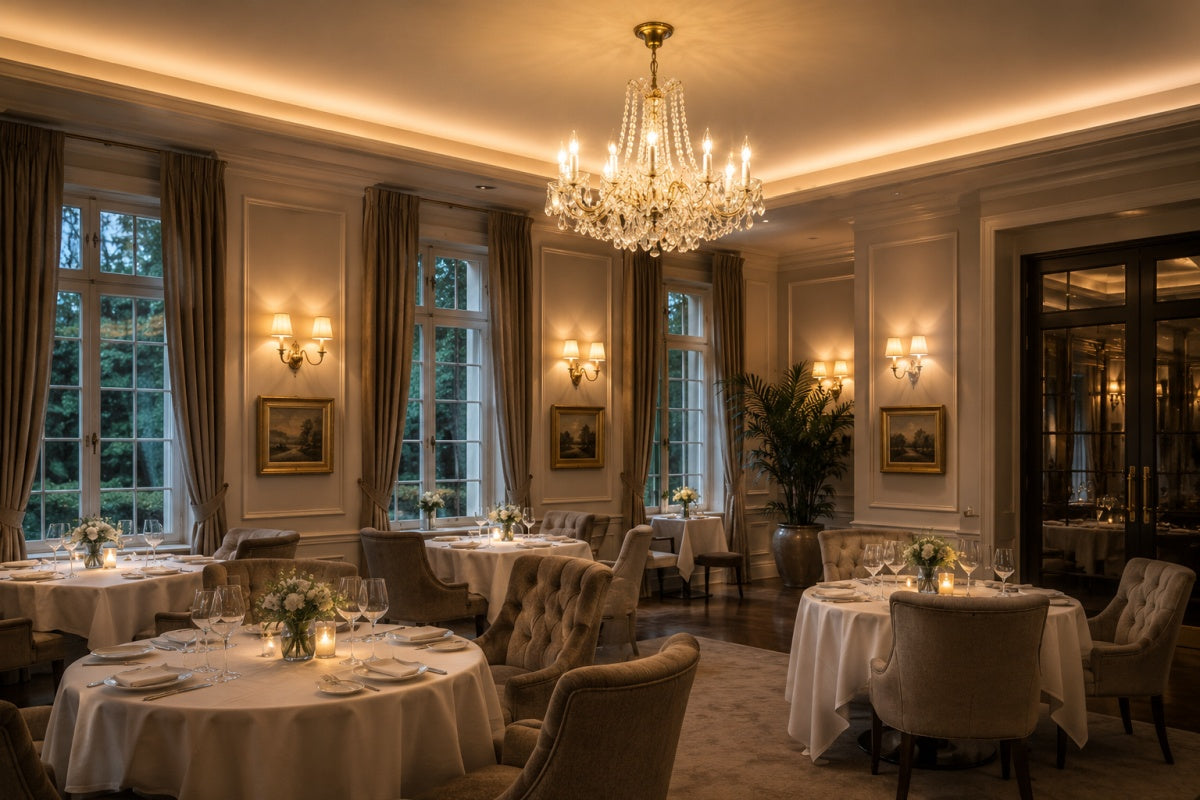 Luminaire suspendu au-dessus d'une salle de restaurant élégante avec tables dressées.