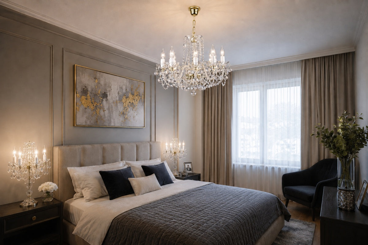 Lustre suspendu éclairé dans une chambre moderne grise aux murs moulurés.