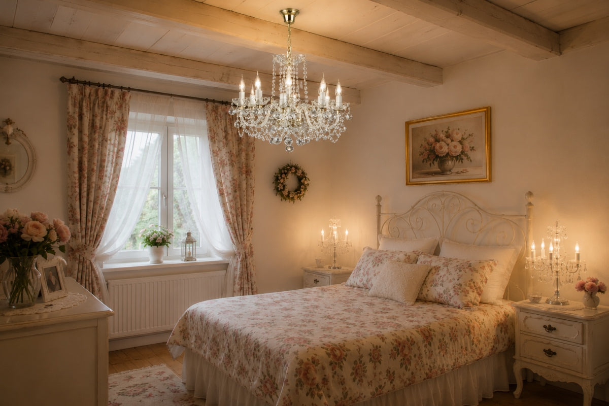 Lustre allumé au-dessus d'un lit fleuri dans une chambre romantique.