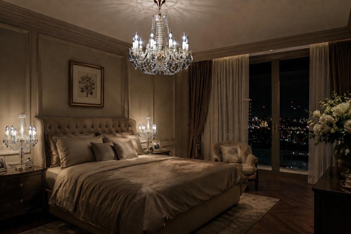 Mise en ambiance nocturne d'une chambre, lustre suspendu au-dessus du lit.