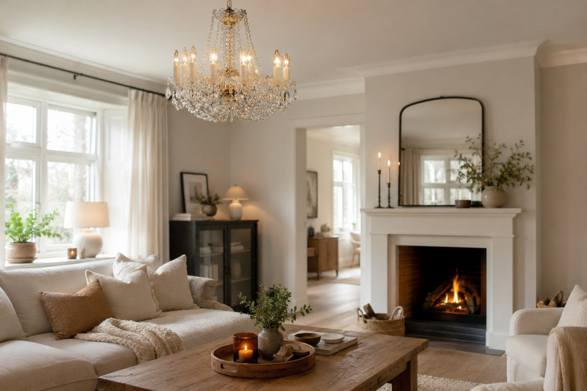 Luminaire allumé dans un salon clair avec cheminée et canapé beige.