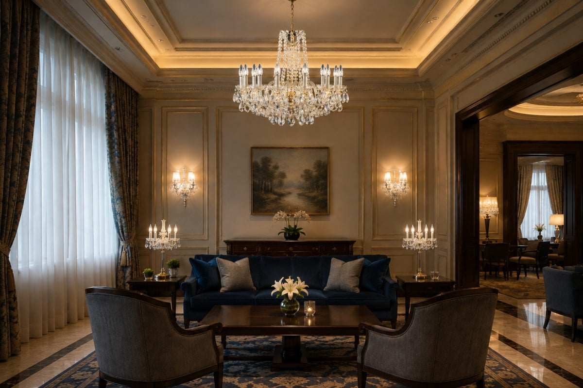 Ambiance intérieur classique avec canapé bleu, lustre allumé au-dessus du salon.