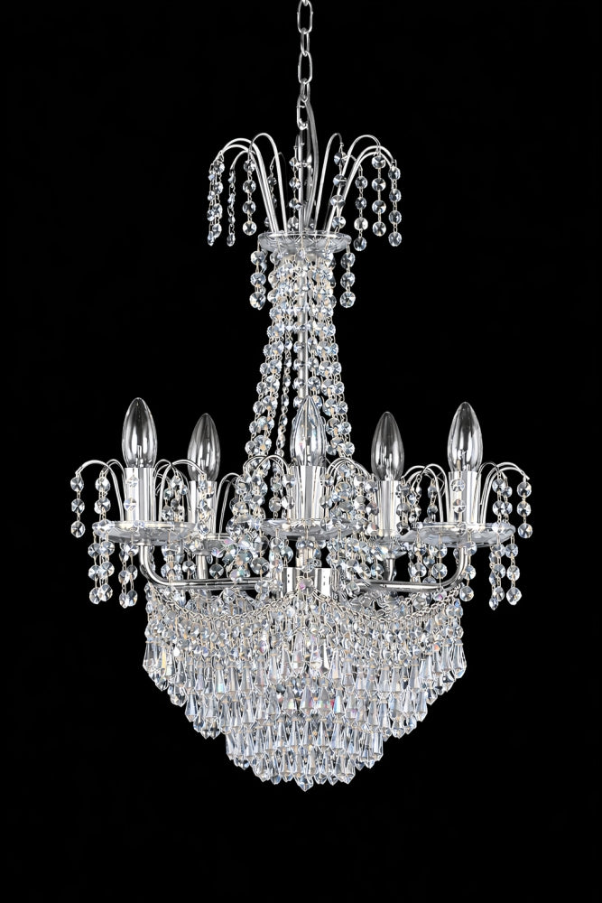 Version chromée argentée du lustre à pampilles, ampoules éteintes, fond noir